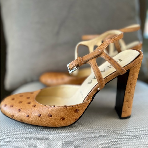 Prada Shoes - authentic tan Vintage PRADA closed toe ostrich sling back heels size 36.5